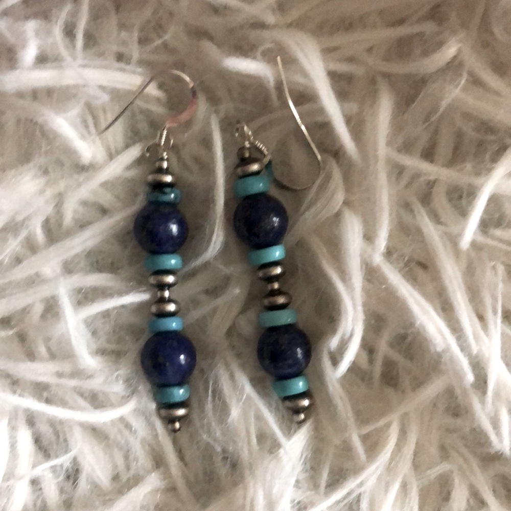Sterling Lapis & Turquoise Beaded Navajo Earrings